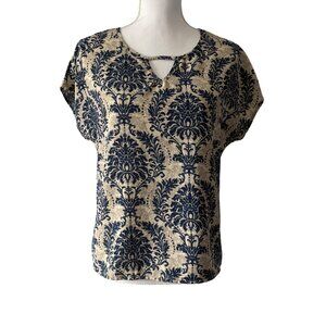 Womens Damask Print Modern Regency Beige & Navy Keyhole Preppy Blouse Shein M